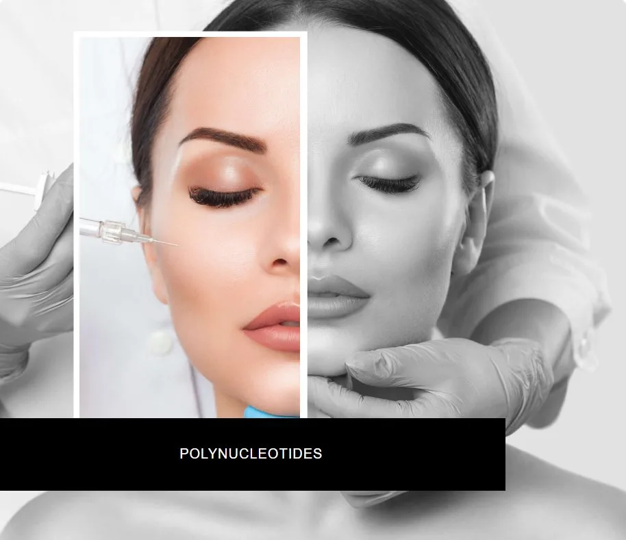 A woman with clear, glowing skin beside polynucleotide treatment packs