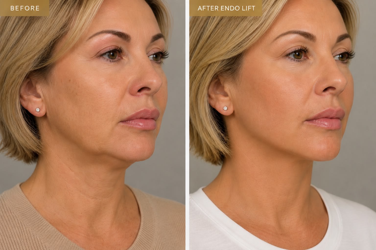 Before and after Endolift: the same client's jawline and neck in profile, with the jawline more defined and the neck skin tightened afterwards