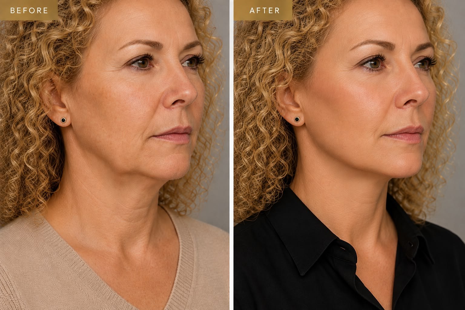 Before and after Endolift: the same client's jawline and neck in profile, with looser skin under the jaw tightened afterwards