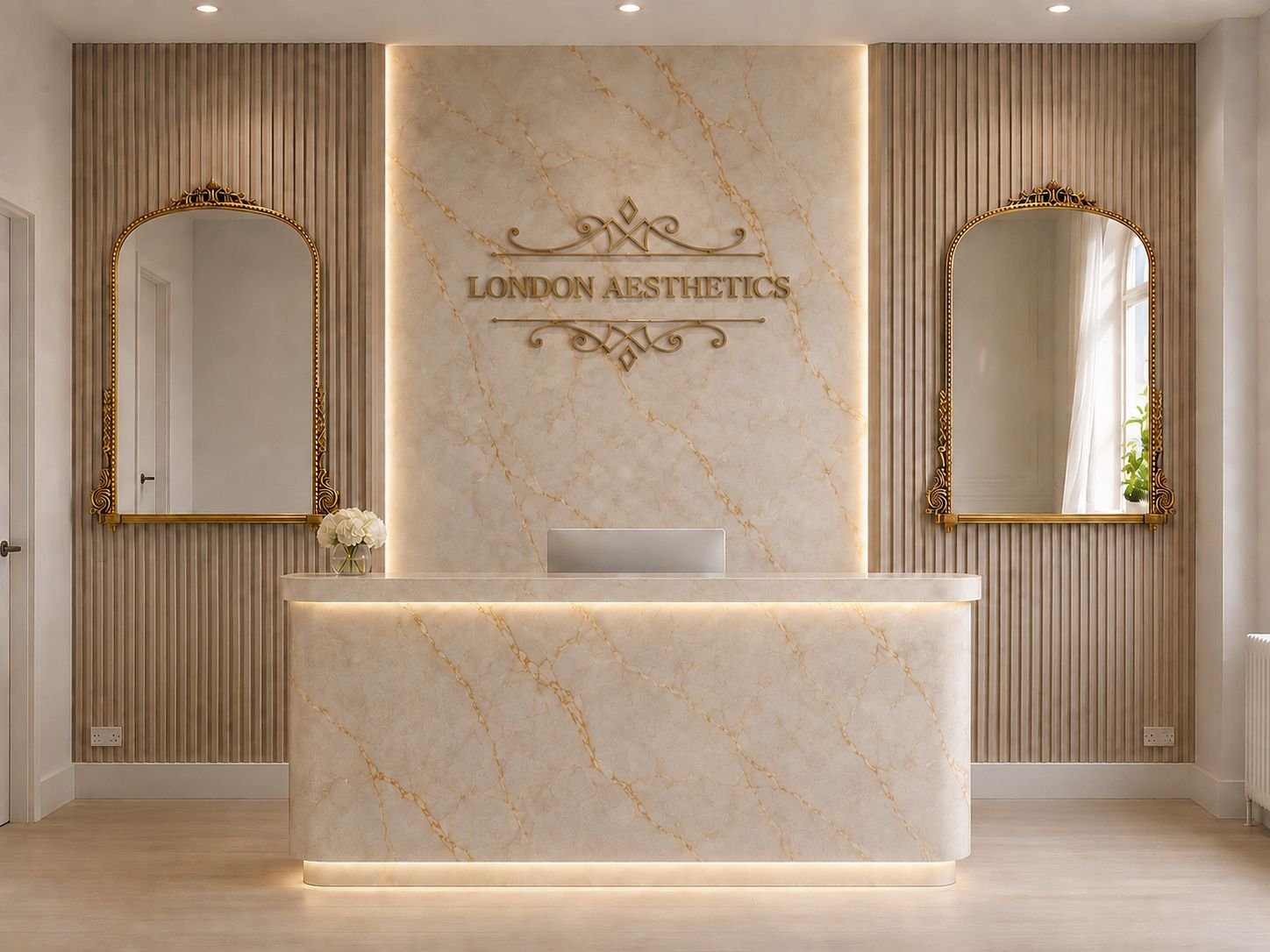 The London Aesthetics reception in London Bridge, a marble desk under the clinic's gold lettering, flanked by two arched gold mirrors