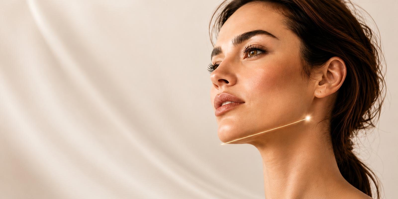 A woman's profile with a fine gold line tracing the jawline, the lift Endolift is used for