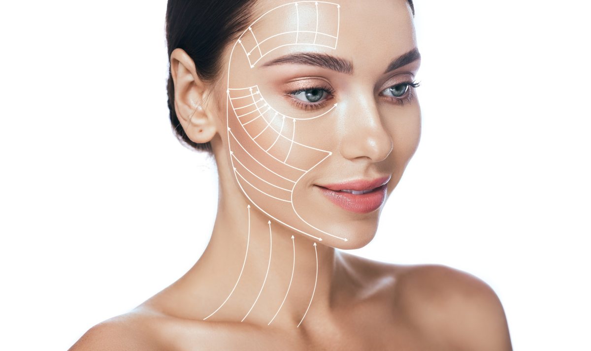A woman's face with fine lifting lines drawn along the jawline and cheek, the direction Endolift tightens in